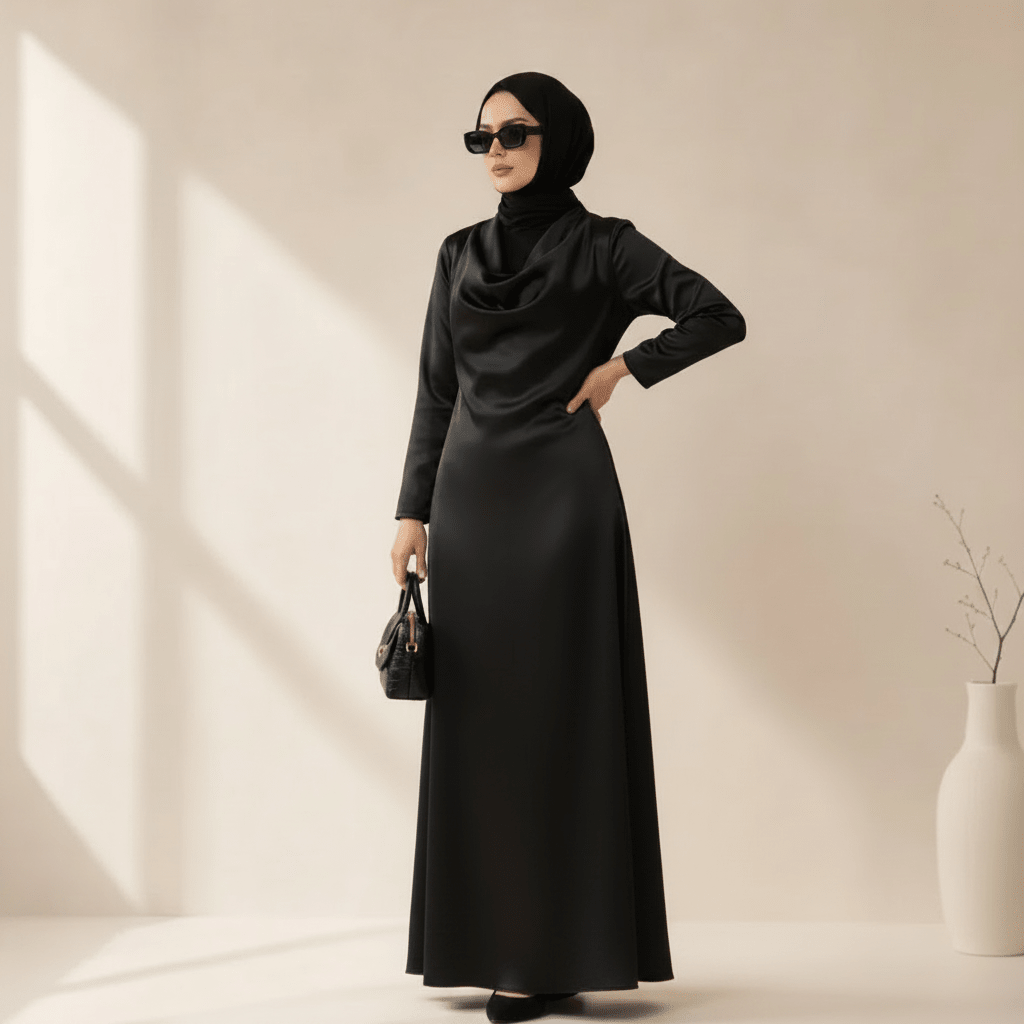 Pièce Archive Robe Maxi Col Bénitier Satin Noir - MP063 (Taille L Uniquement)