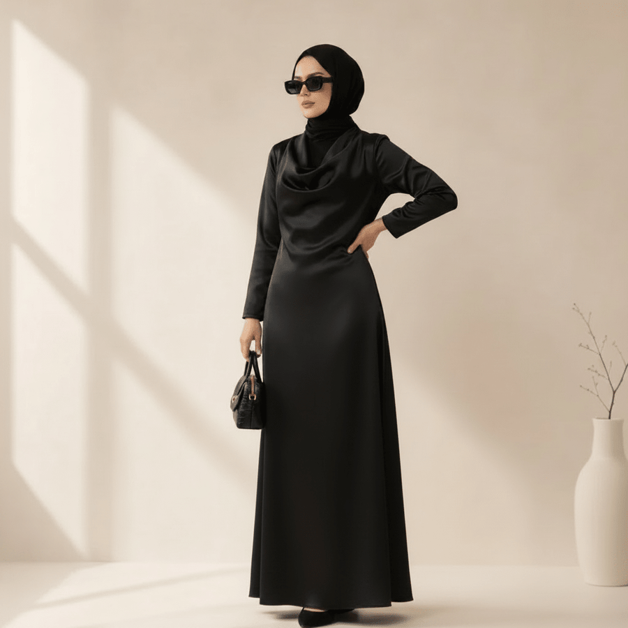 Pièce Archive Robe Maxi Col Bénitier Satin Noir - MP063 (Taille L Uniquement)