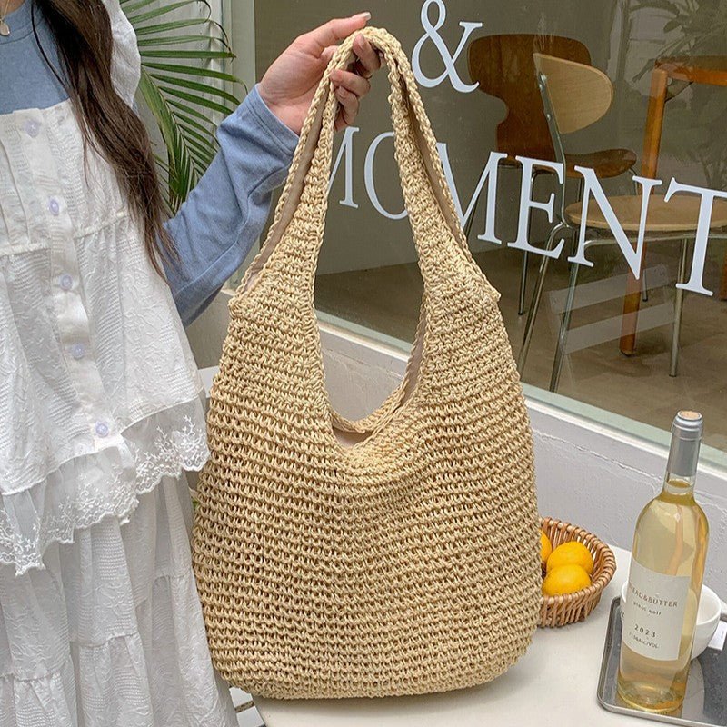 Sac de plage en paille pour femme, tendance et polyvalent, grande capacité, style vacances, sac fourre-tout en paille (MAC241)