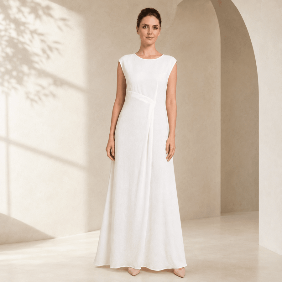 Robe Maxi sans Manches en Crêpe avec Plis à la Taille et Fermeture Éclair au Dos (MS436)