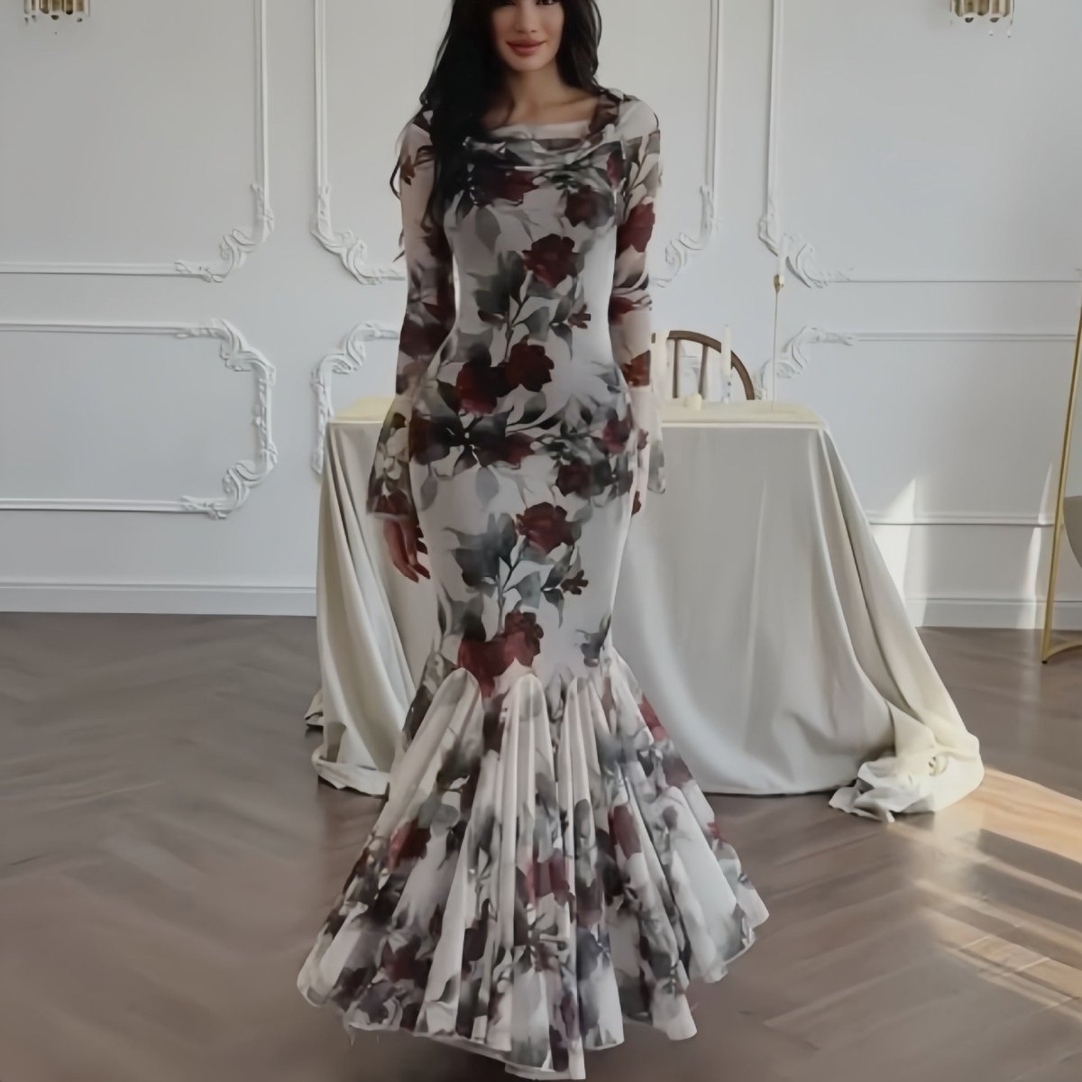 Robe Sirène Fleurie Romantique | Robe Longue Élégante à Ourlet Volanté, Manches Longues, Style Français (MS268)