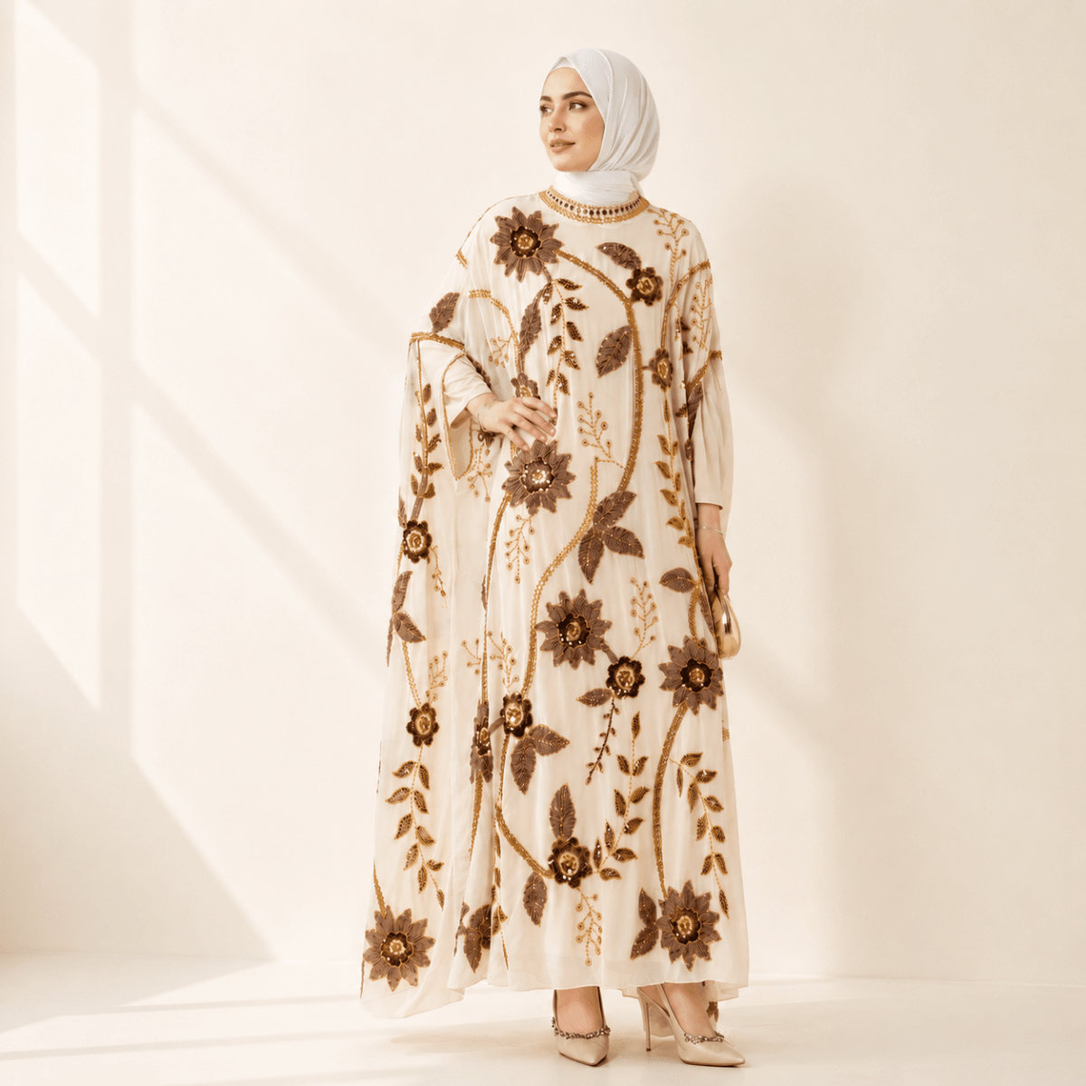 Abaya Floral aux Perles Brodées avec Manches Chauve-Souris Drapées(MA453)