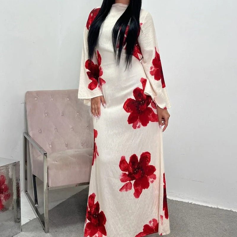Robe Abaya Maxi à Manches Cloche Imprimé Floral (MA214)