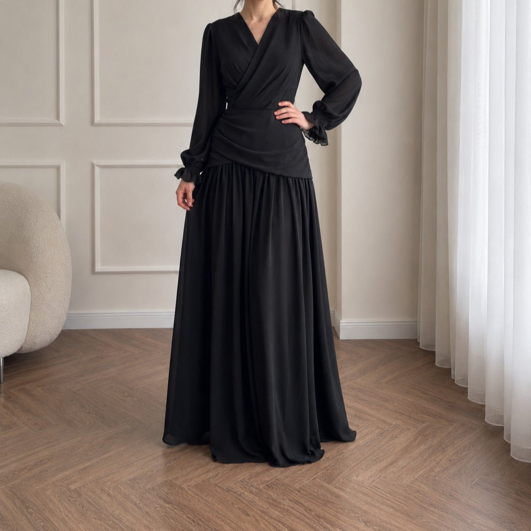 Robe longue encolure V Ruché à la taille Froncée(MS505)