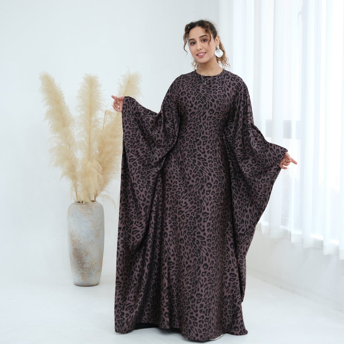 Robe Maxi Imprimé Léopard à Manches Chauve-Souris (MA450)