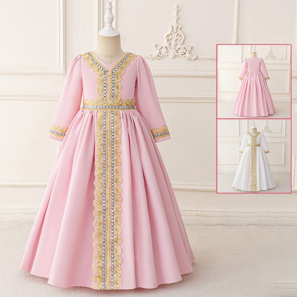 Robe Kaftan Brodée pour Filles avec Ceinture Ornée de Bijoux (MKG021)