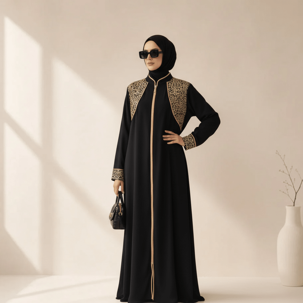 Pièce d'Archive Abaya Ouvert Noire Broderie Corde Or - MP061 (Taille XL Uniquement)