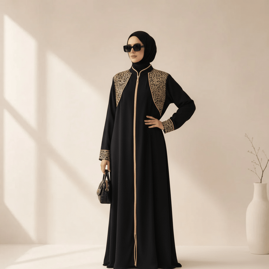 Pièce d'Archive Abaya Ouvert Noire Broderie Corde Or - MP061 (Taille XL Uniquement)