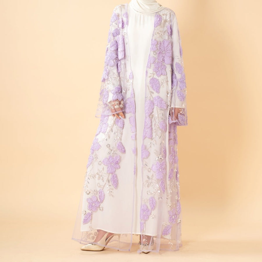 Abaya Mesh Brodée Perlée Floral 3D de Luxe à Ouverture – Abaya d'Occasion Lavande (MOA304)
