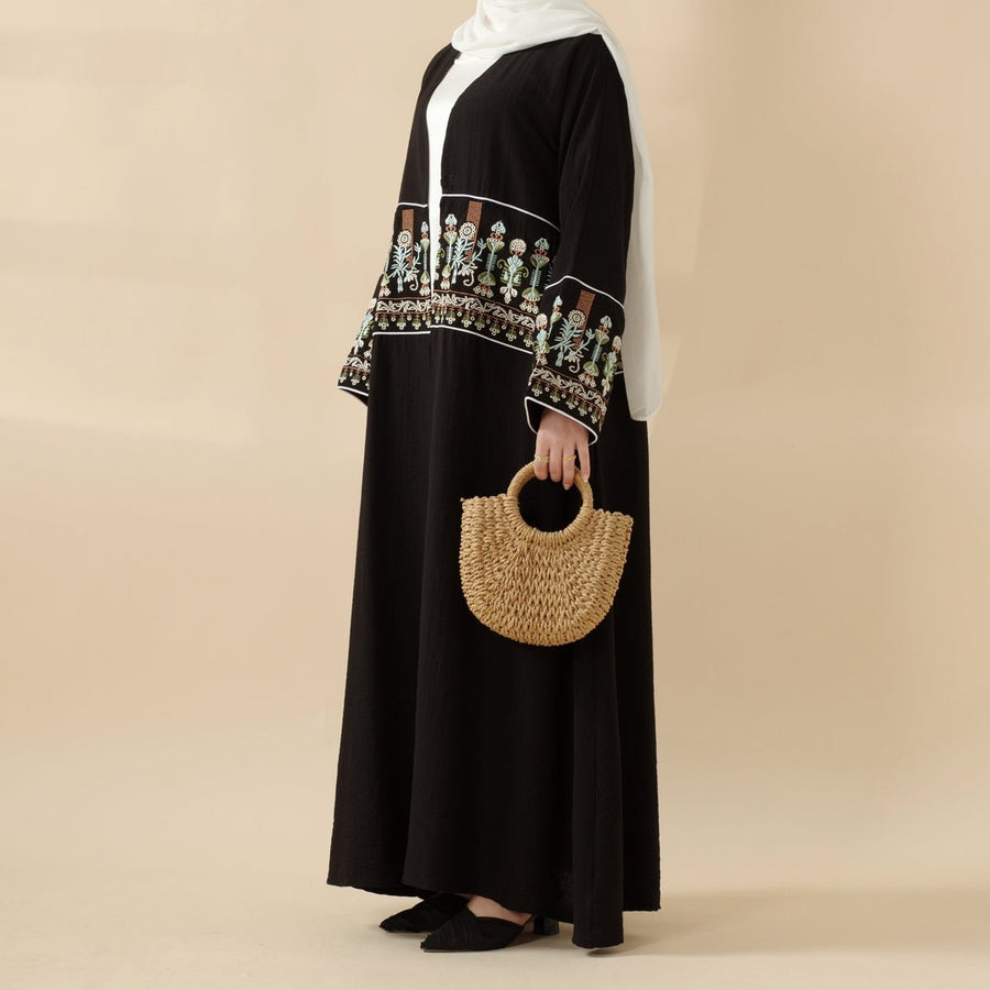 Abaya Ouverte en Crêpe Brodée Florale (MOA128)