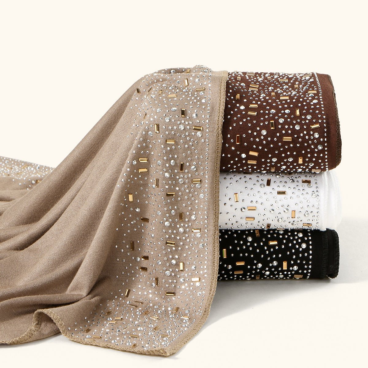 Foulard Hijab Orné de Strass Baguette Cristal et Or (MH254)