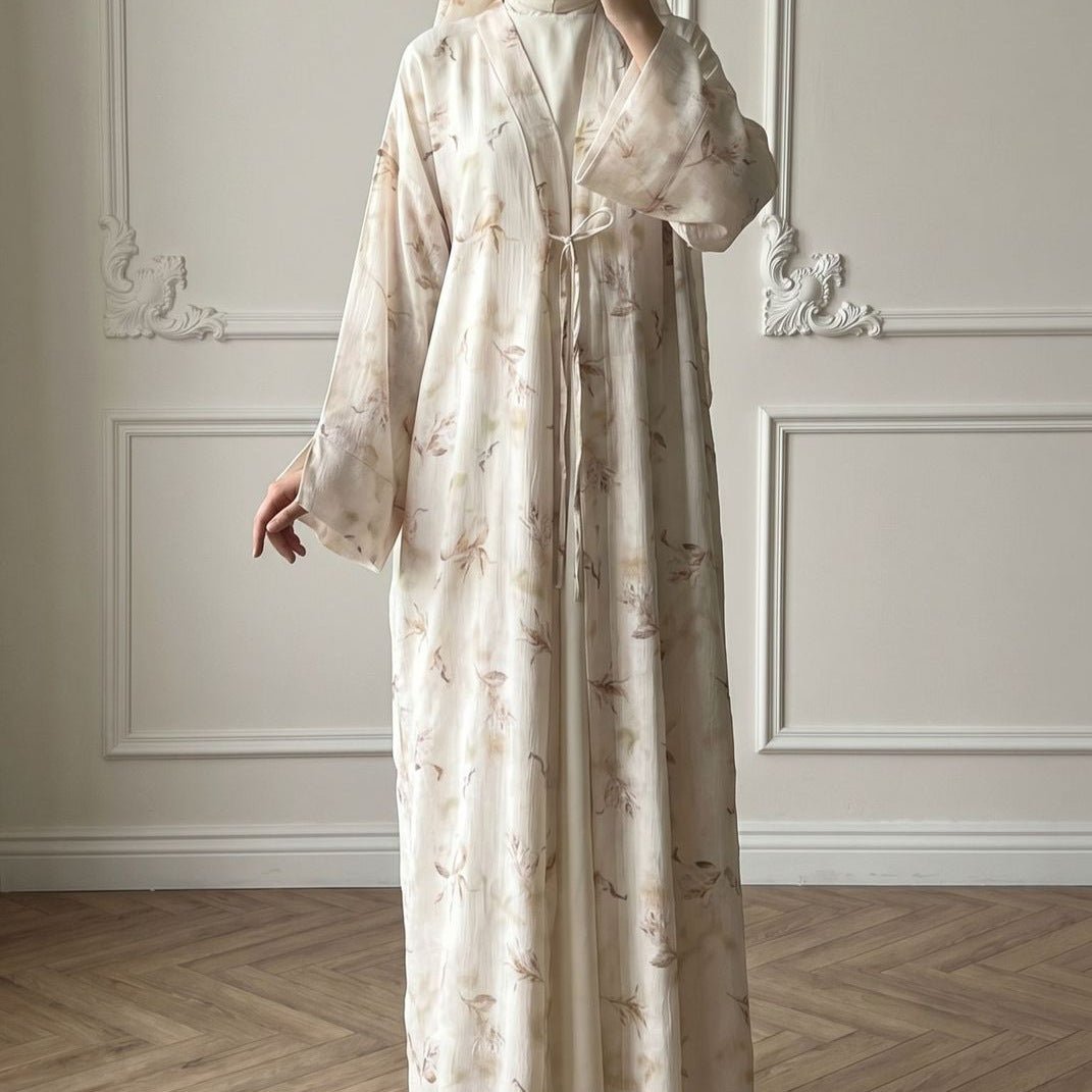 Abaya ouverte en satin à imprimé floral et oiseaux (MOA322)