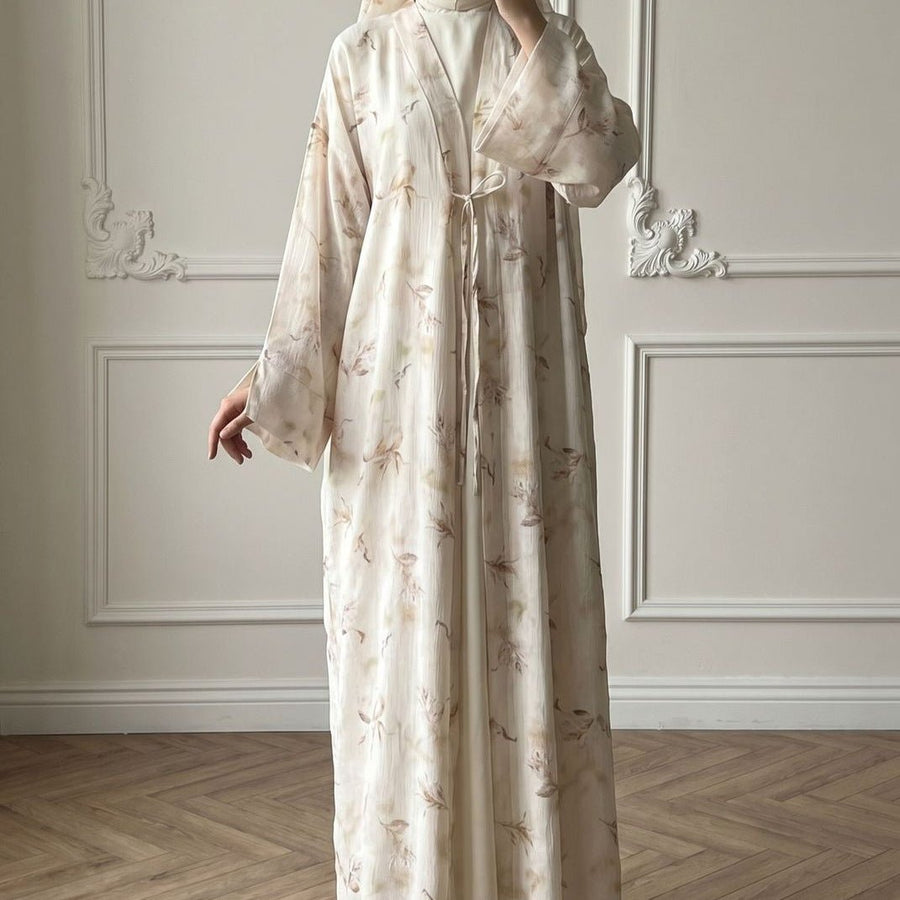 Abaya ouverte en satin à imprimé floral et oiseaux (MOA322)