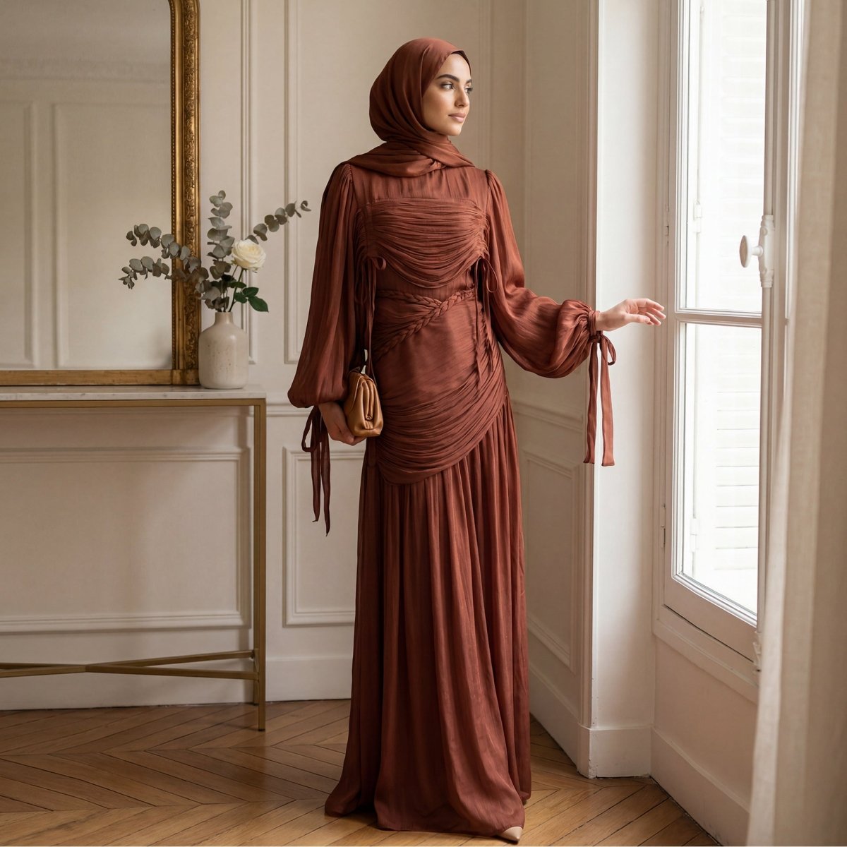 Robe Maxi à Col Tressé, Fronces et Franges (MS406)