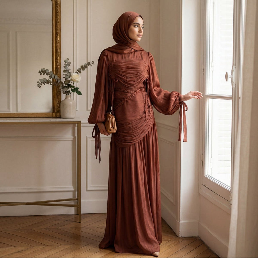 Robe Maxi à Col Tressé, Fronces et Franges (MS406)