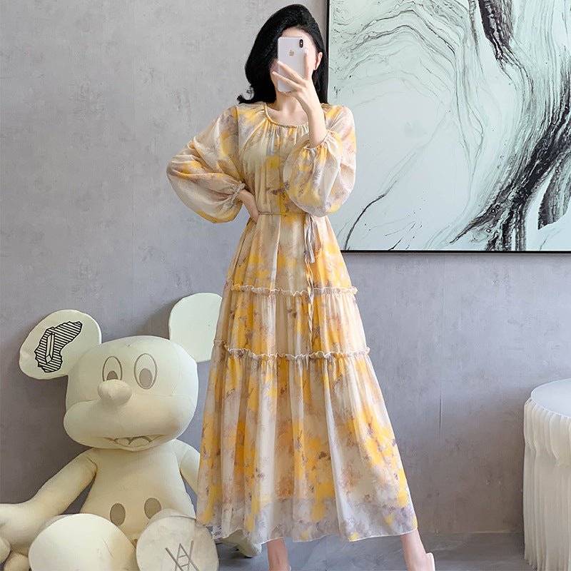 Robe Maxi en Mousseline Imprimée Aquarelle | Robe Étagée à Manches Longues (MS270)