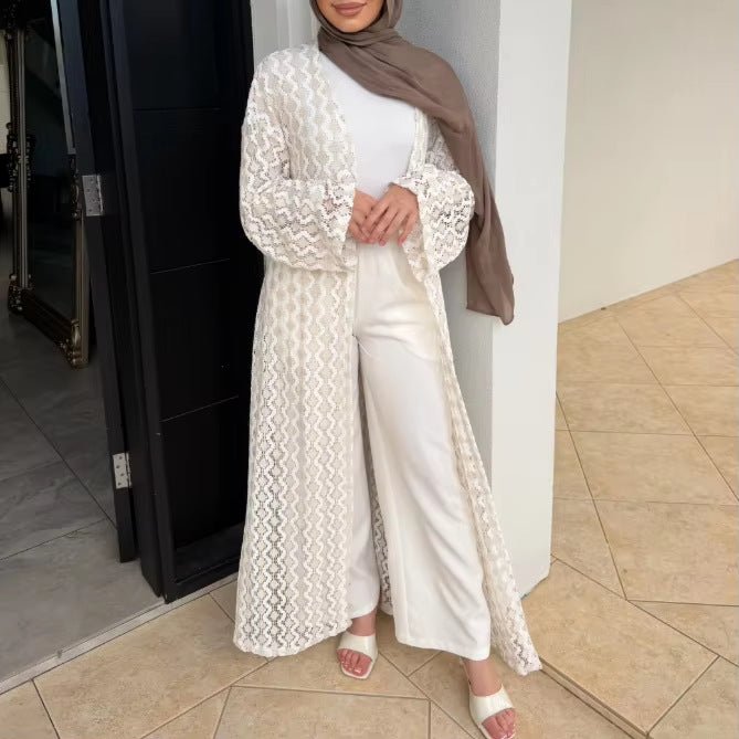 Abaya ouverte en tricot dentelle ajourée (MOA327)