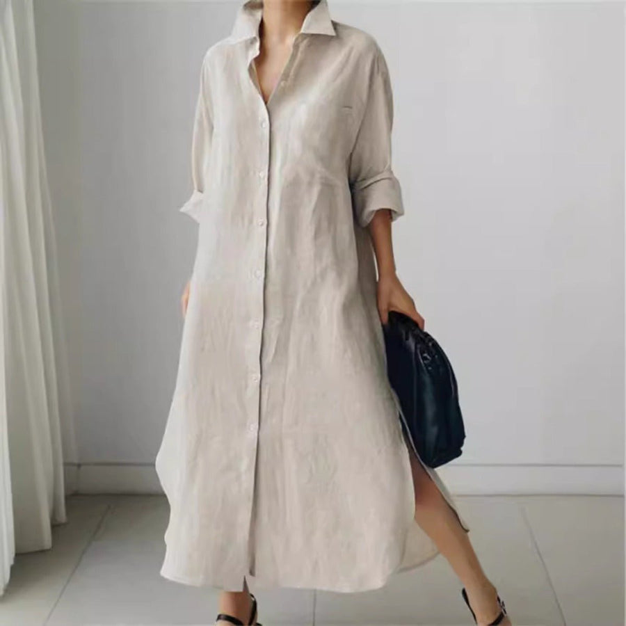 Robe-chemise décontractée et élégante en lin mélangé pour musulmanes | Maxi robe modeste boutonnée devant avec fentes latérales (MS096)