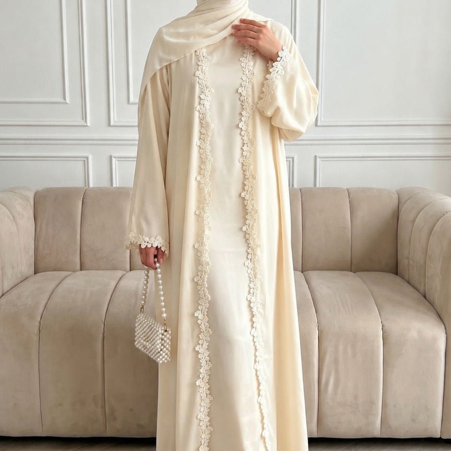 Abaya ouverte devant avec bordure en dentelle florale 3D (MOA318)
