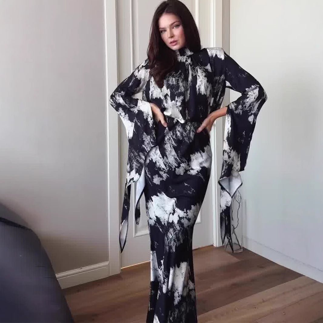 Robe longue de printemps en satin imprimé, coupe slim, à lacets et design asymétrique (MA162)