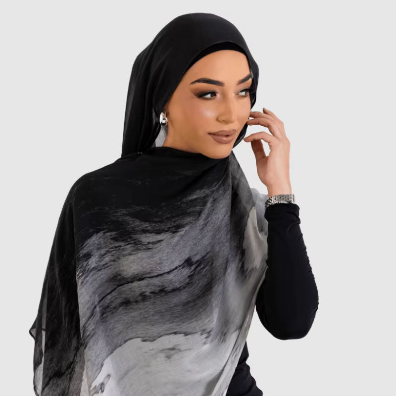 Hijab en Mousseline Imprimé Marbre | Effet Tie-Dye Noir & Blanc (MH227)