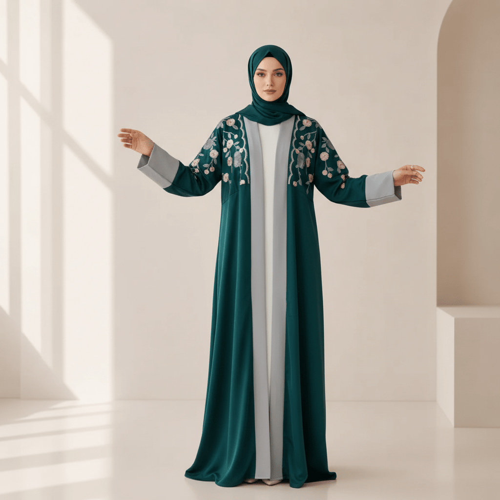 Pièce d'archive Abaya ouverte colorblock brodée florale - MP054 (Taille L uniquement)