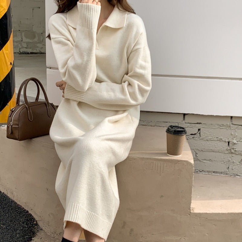 Robe Maxi en Tricot Col Polo Style Décontracté | Robe Base Pull Épais (MS157)