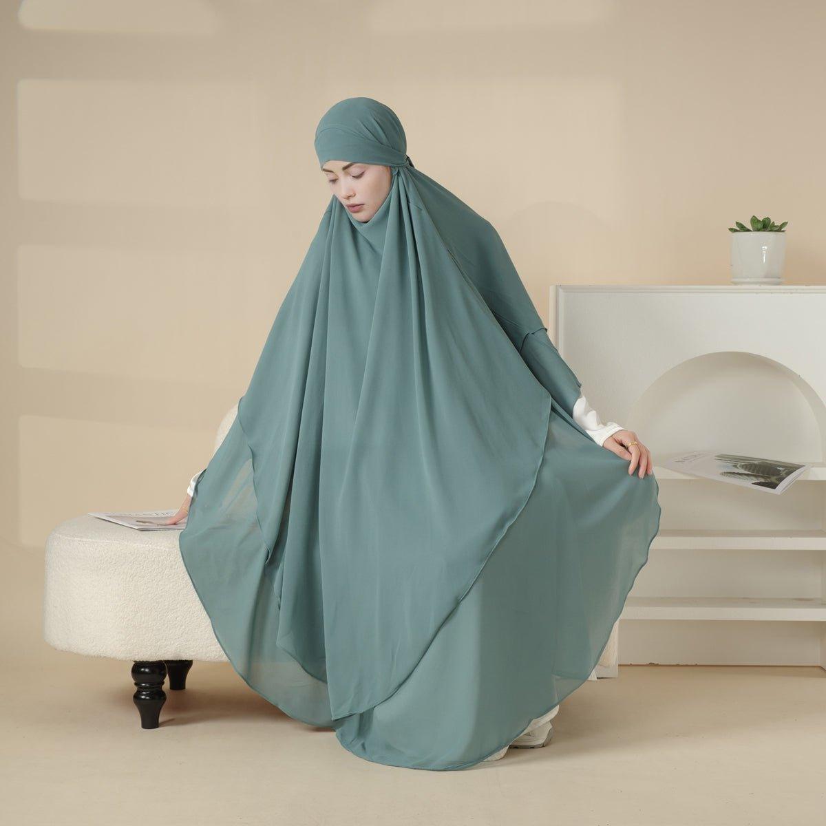MK018 Khimar Long en Mousseline à Double Couches, Devant et Dos