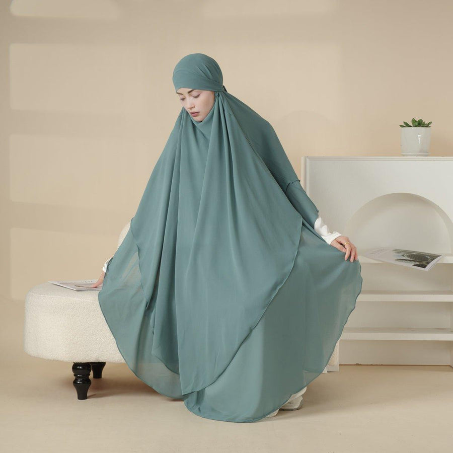 MK018 Khimar Long en Mousseline à Double Couches, Devant et Dos