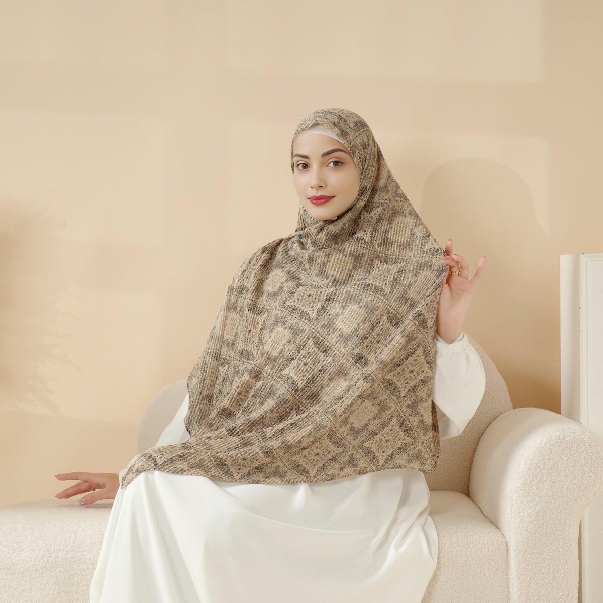 Châle plissé imprimé MH094 en mélange coton et lin