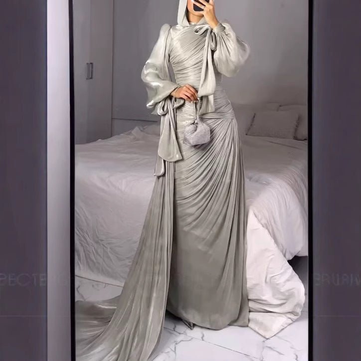 Robe de Soirée Froncée | Robe Maxi Moulante à Manches Bouffantes (MS280)
