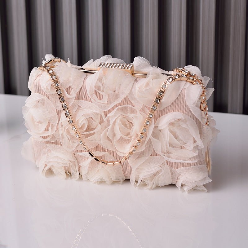 Sac de soirée en mousseline rose | Pochette florale avec chaîne en cristal (MAC355)
