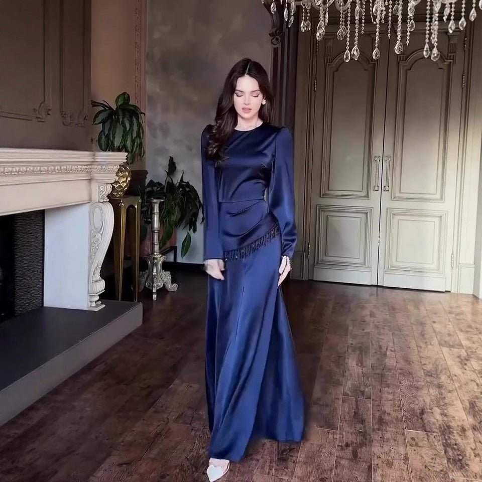 Robe Maxi à Manchettes Franges Perlées (MS480)