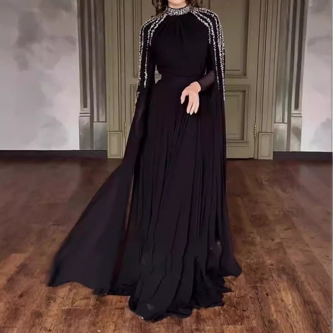Robe Cape Crystal Cascade | Abaya de Soirée Brodée à l'Effet Spectaculaire (MA345)