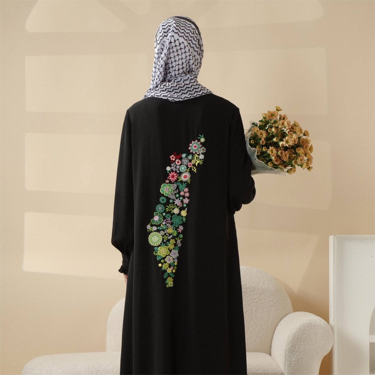 Abaya pull-over modeste avec broderie palestinienne, robe maxi élégante à manches froncées (MA141)