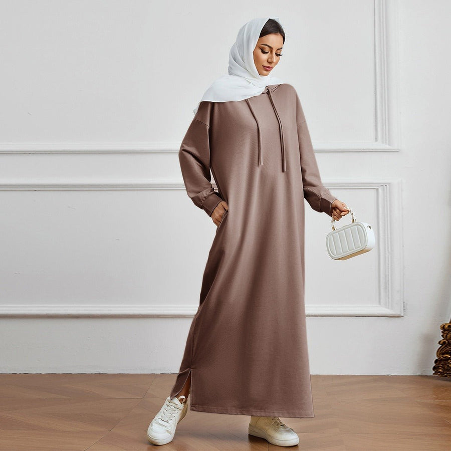 Robe Décontractée à Capuche avec Poche, Couleur Unie - Robe d'Intérieur Pudique à Manches Longues avec Capuche à Cordon (MA282)