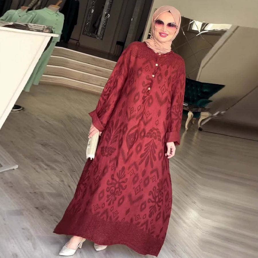 Robe Maxi Modeste à Manches Longues | Caftan Élégant à Motif Ethnique (MA379)