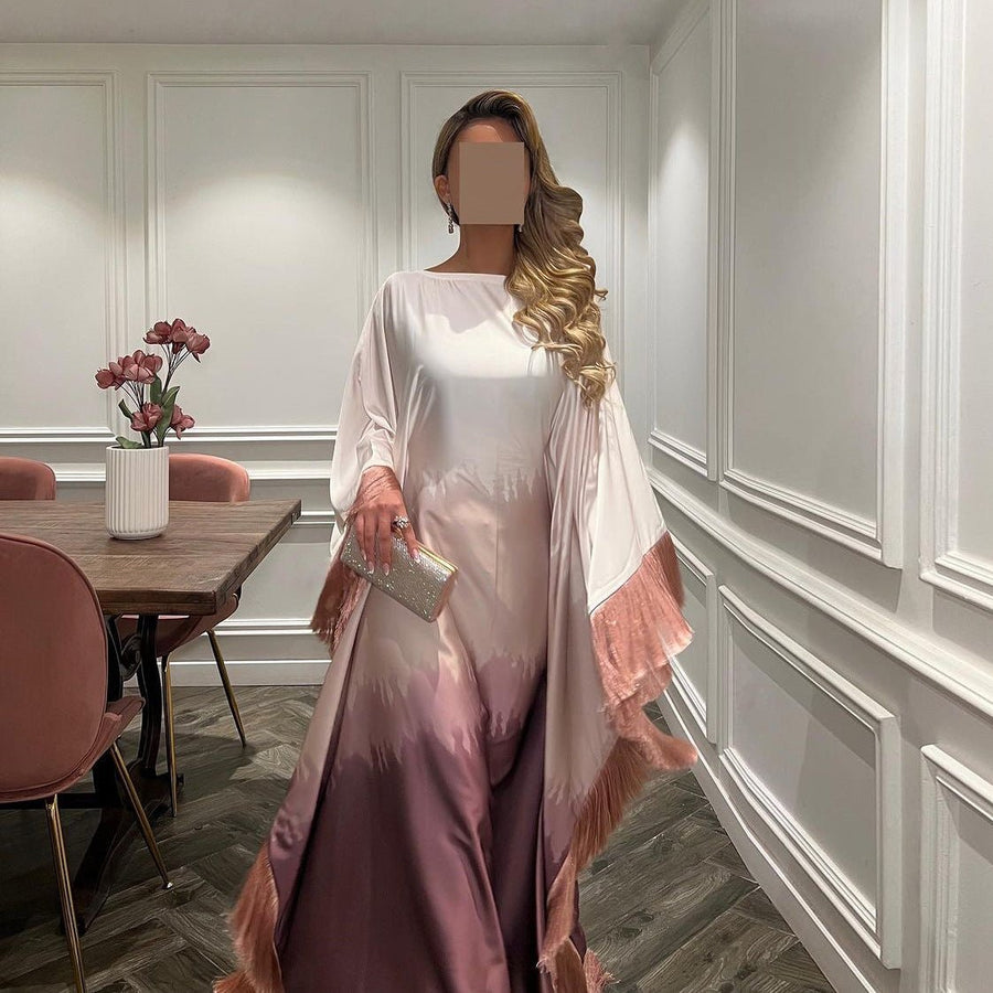 Abaya Ombre Élégante | Robe Abaya à Imprimé Dégradé et Franges (MA179)