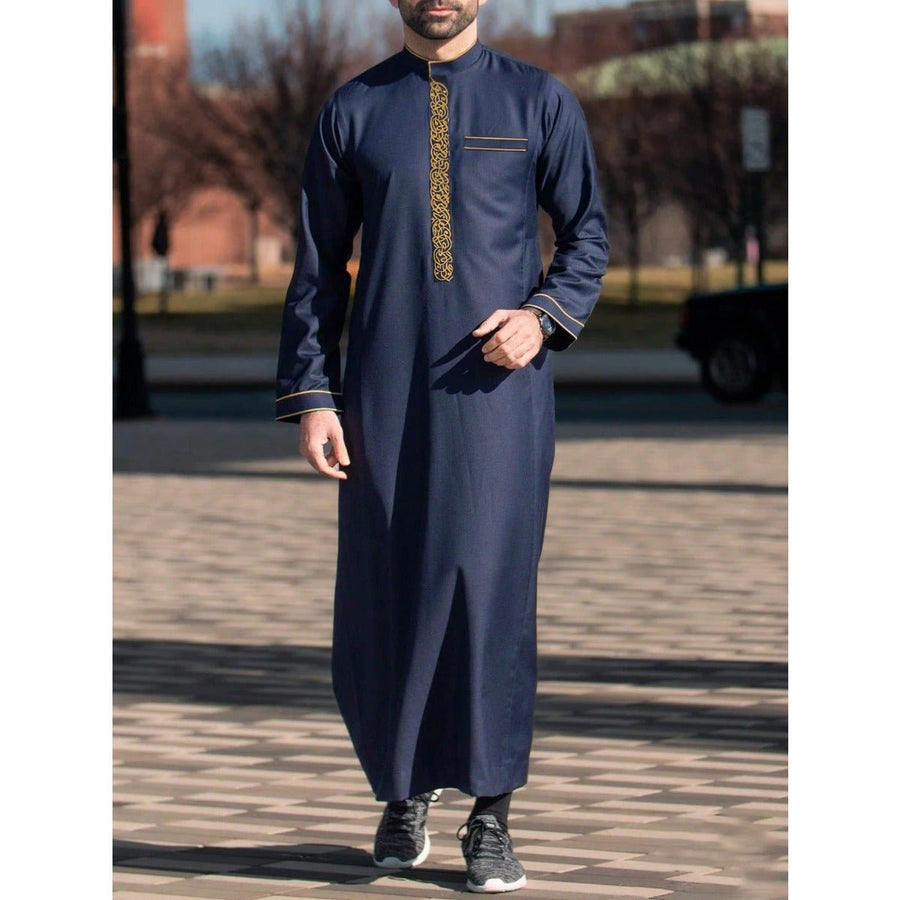 Thobe Premium Brodé à Col Officier Marine & Blanc, Coupe Ample Robe Musulmane avec Broderie Dorée - Tenue Décontractée Modeste (MT034)