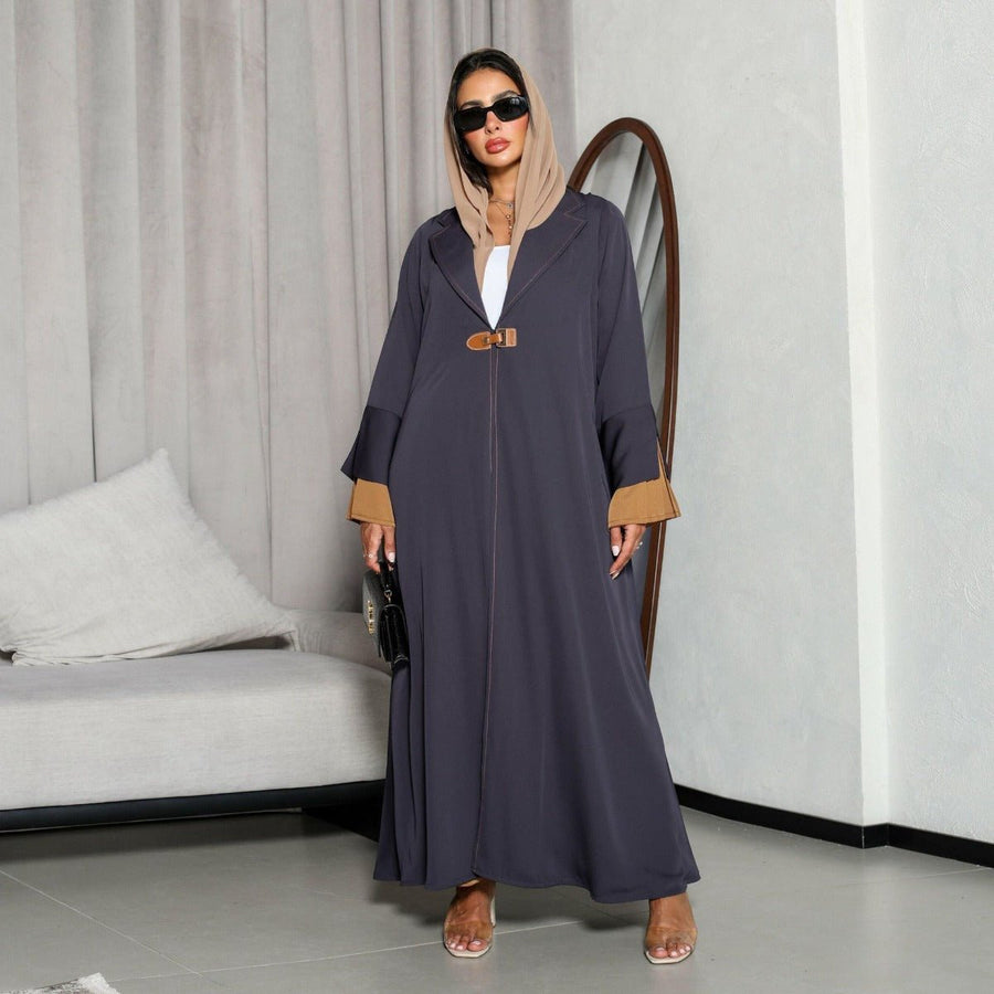 Robe Peignoir en Suède de Luxe | Bleu Marine Maxi avec Détails Dorés & Manches Cloche (MOA200)