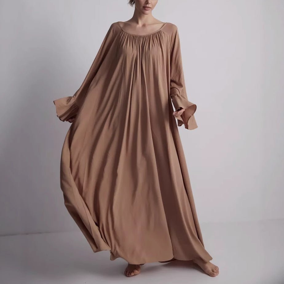 Robe Maxi Loungewear Française avec Manchettes à Volants (MA397)