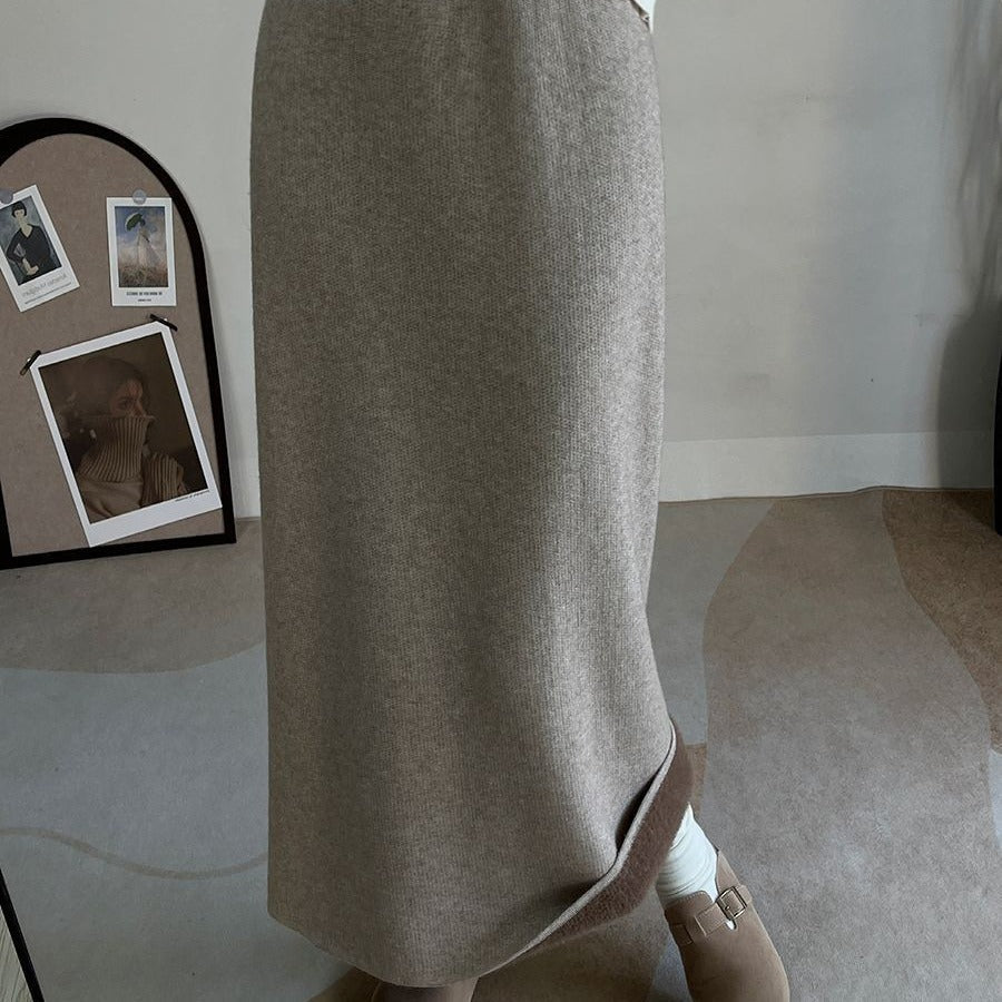 Jupe midi polaire hiver | Jupe en maille chaude taille haute avec fente latérale (MS207)