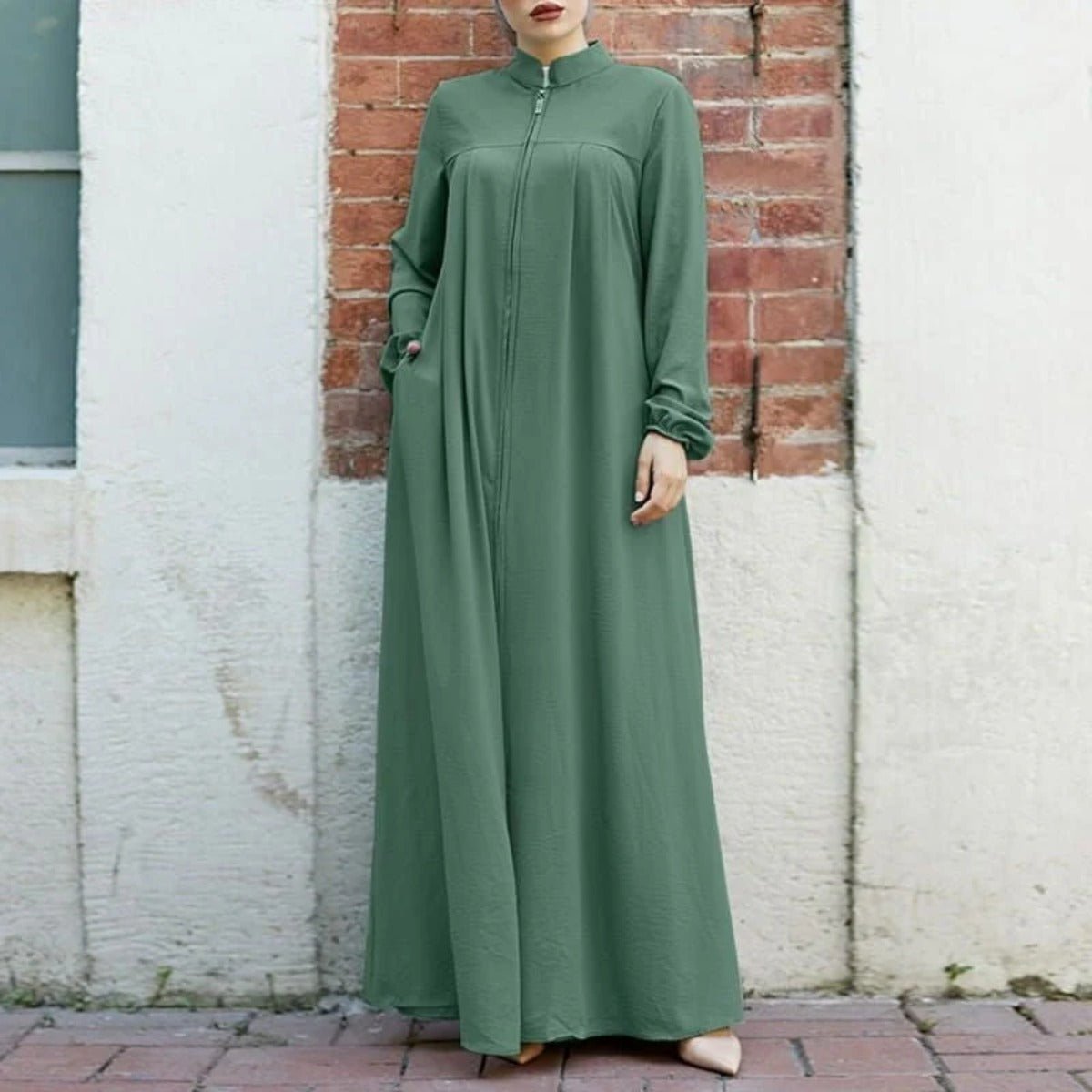Cardigan long à col montant et fermeture éclair, avec poches | Abaya robe longue maxi modeste (MA155)