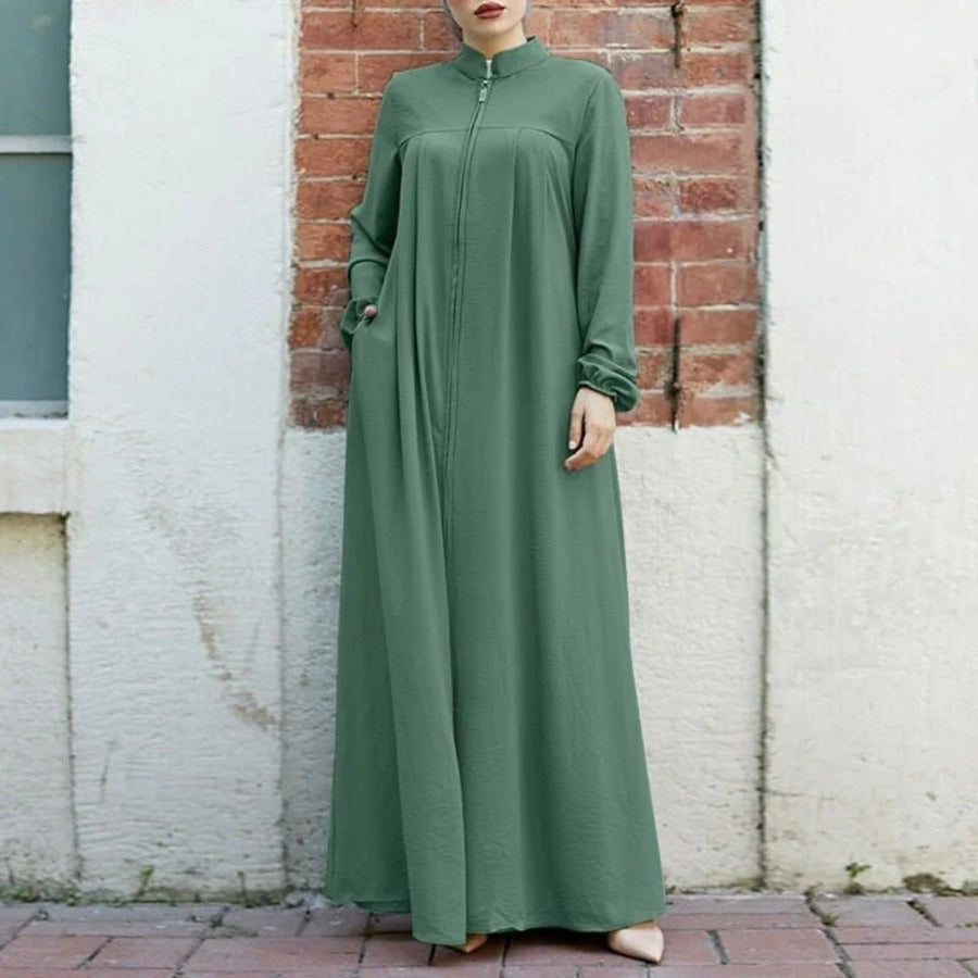 Cardigan long à col montant et fermeture éclair, avec poches | Abaya robe longue maxi modeste (MA155)