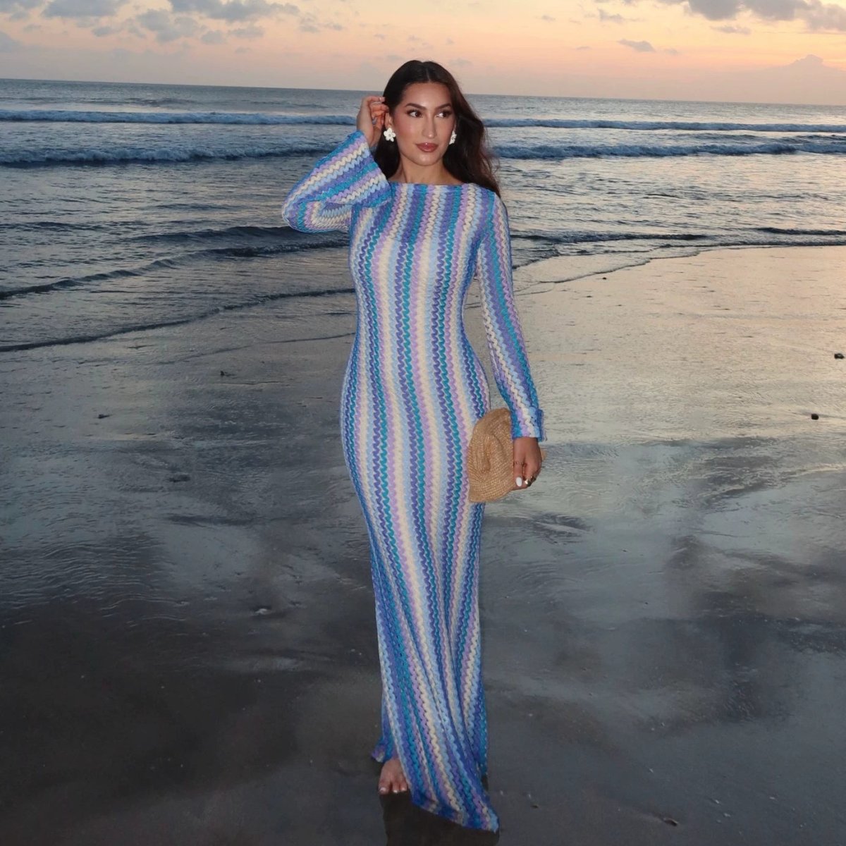 Robe Maxi à Manches Évasées Jacquard Arc-en-ciel (MS486)
