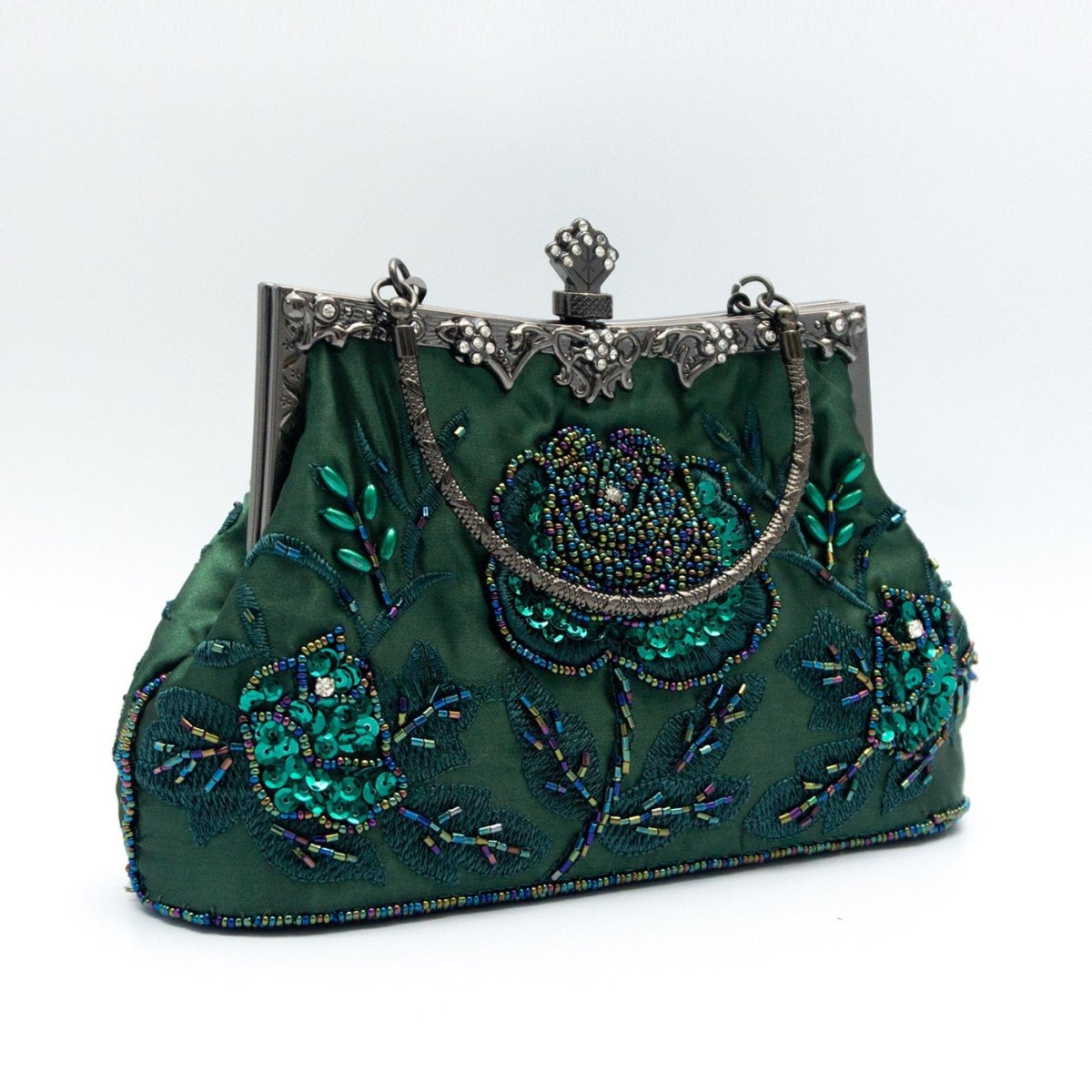 Sac pochette vintage brodé de roses en strass et perles (MAC292)