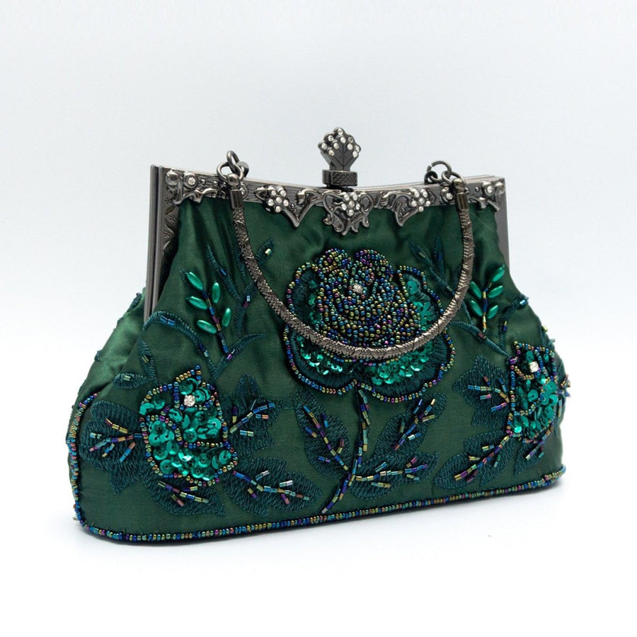 Sac pochette vintage brodé de roses en strass et perles (MAC292)