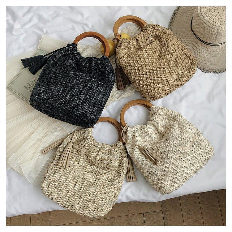 MAC132 Sac seau de plage en paille tendance, simple, avec pompon