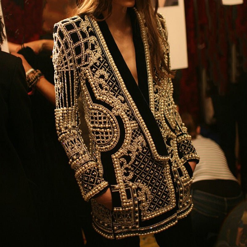Blazer Vintage Orné de Perles et Perles de Rocaille | Veste de Luxe à Imprimé Géométrique (MS218)