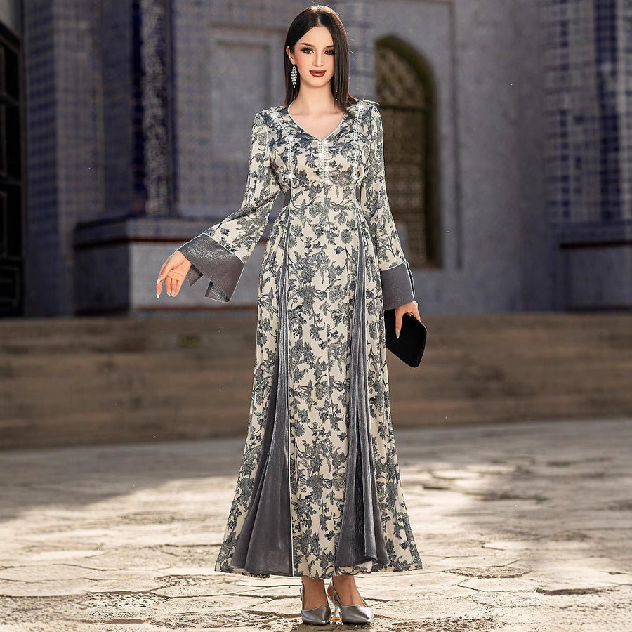 Robe Maxi élégante à col en V, en satin, avec fleurs brodées à la main de perles et de cristaux, manches longues, avec Abaya grise (MA192)